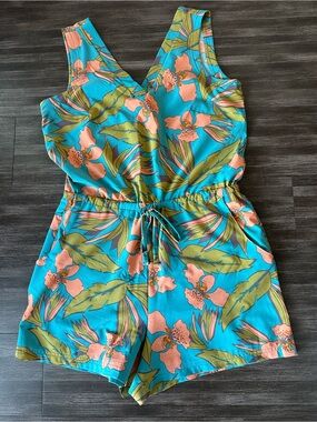 Toad & Co Floral Turquoise Romper with Drawstring Waist